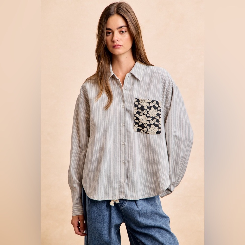 BiBi Flower Jacquard Knit Patch Pocket Stripe Shirt